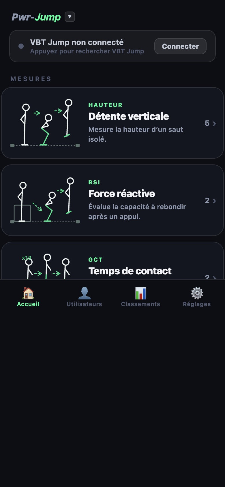 Application Powereact — Plateforme de saut VBT Jump