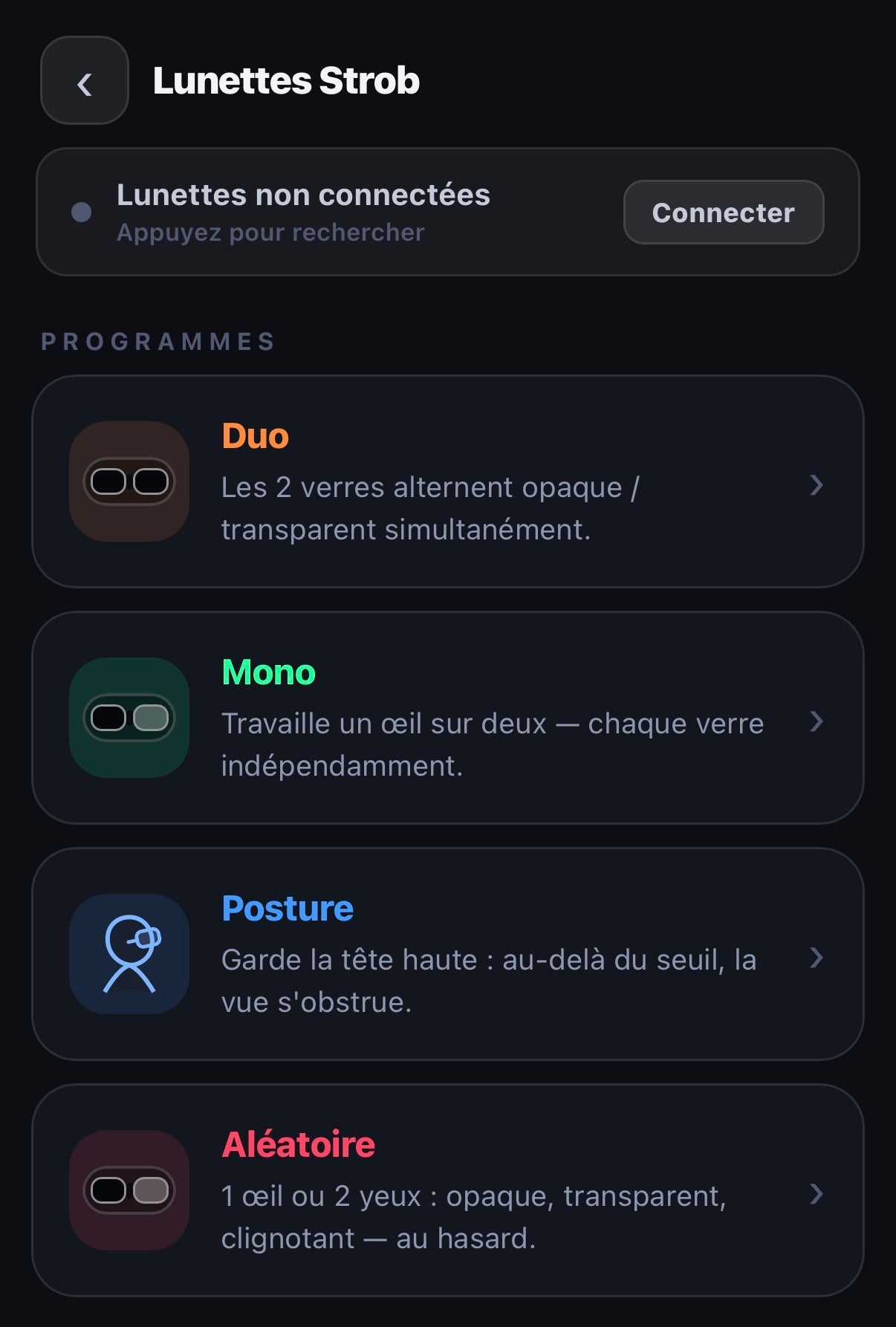 Application Powereact — Lunettes Strobe