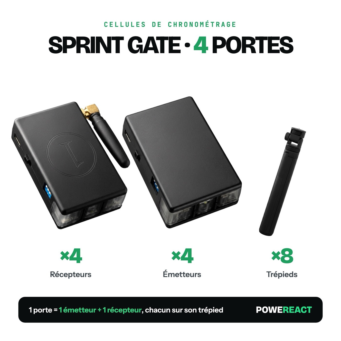 Pack Sprint Gate 4 portes : 4 récepteurs, 4 émetteurs et 8 trépieds, cellules de chronométrage sprint